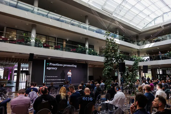 The atrium during a talk, ELC Conference 2026